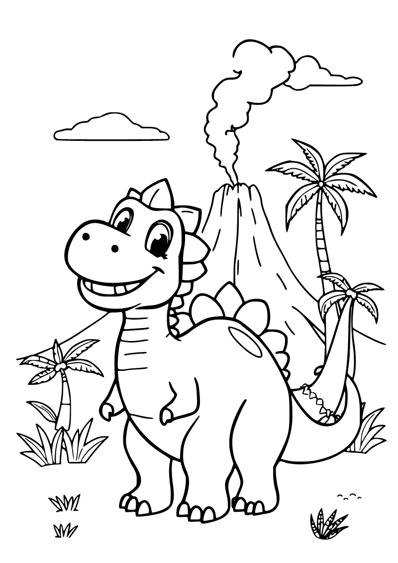 Dinozor ve volkan boyama sayfası