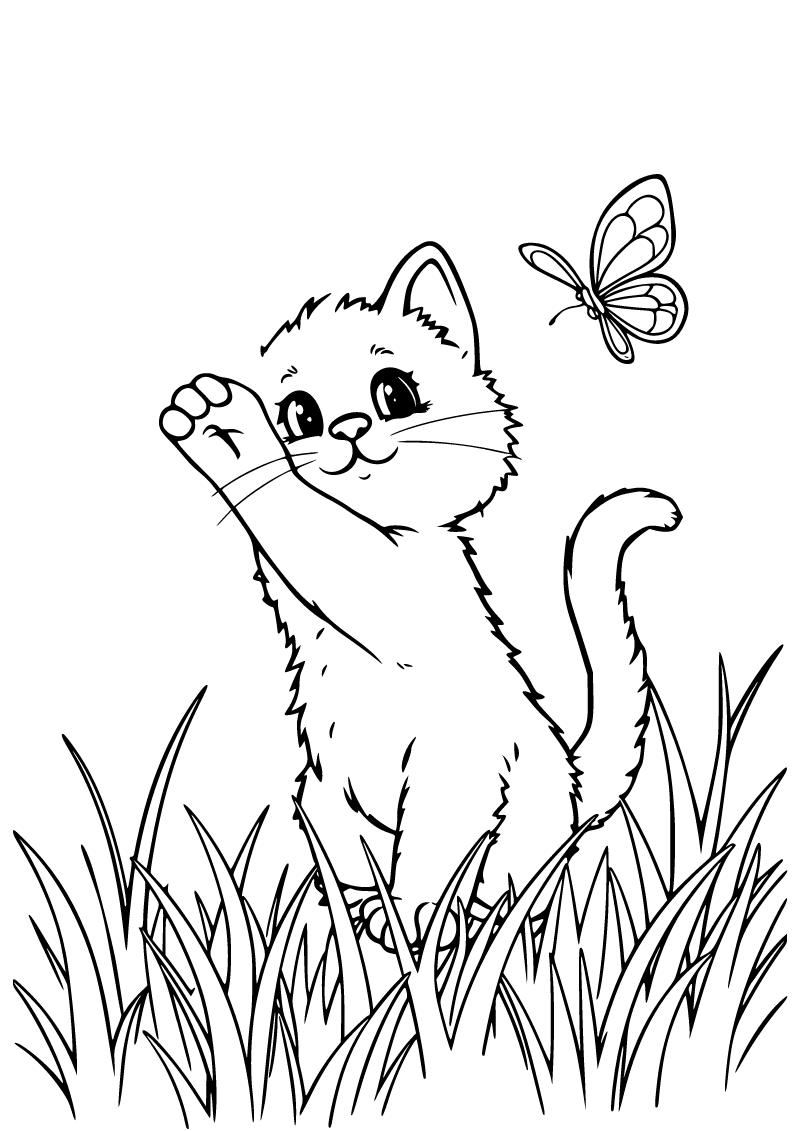 Kelebek yakalayan kedi boyama sayfası
