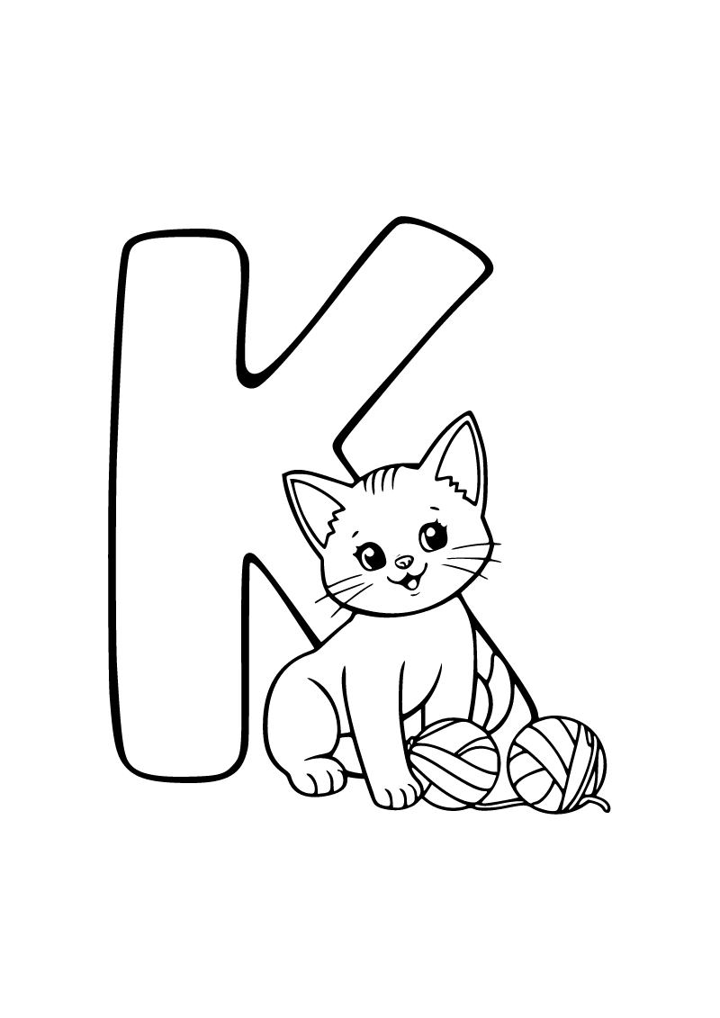 K harfi ve kedi boyama sayfası