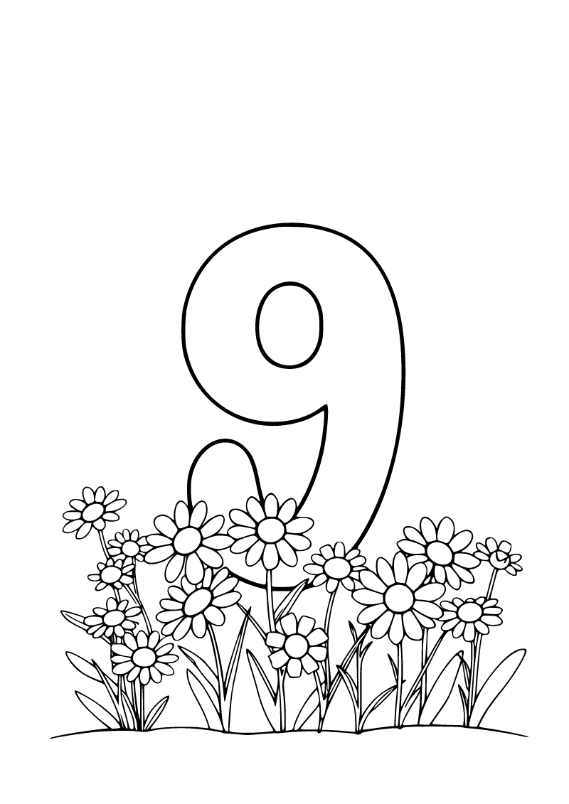 9 sayısı ve çiçekler boyama sayfası