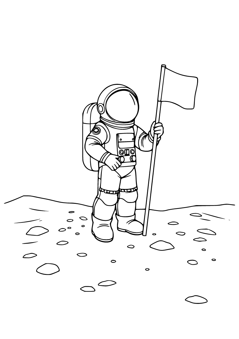 Bayrak diken astronot boyama sayfası